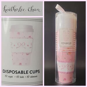 Heatherlee Chan Disposable Coffee Cups Powder Pink Bows Roses Coquette 16 oz NIP